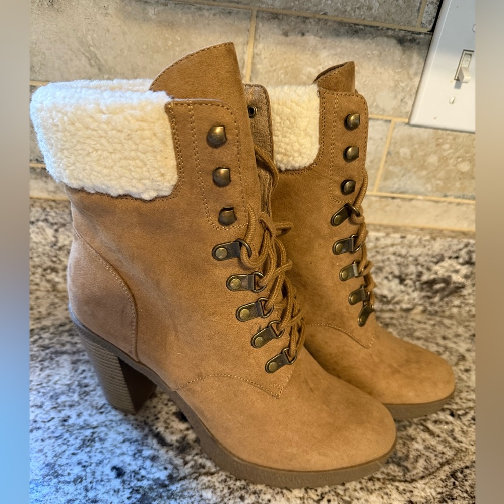 Brash Tan Heeled Boots with Faux Fur